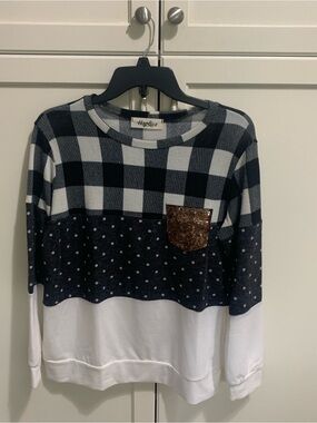 Haptics Black & White Mixed-Print Sweatshirt with Sequin Pocket